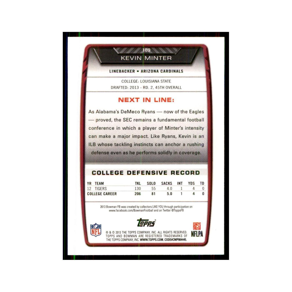 2013 Bowman Kevin Minter RC Football Cards #189
