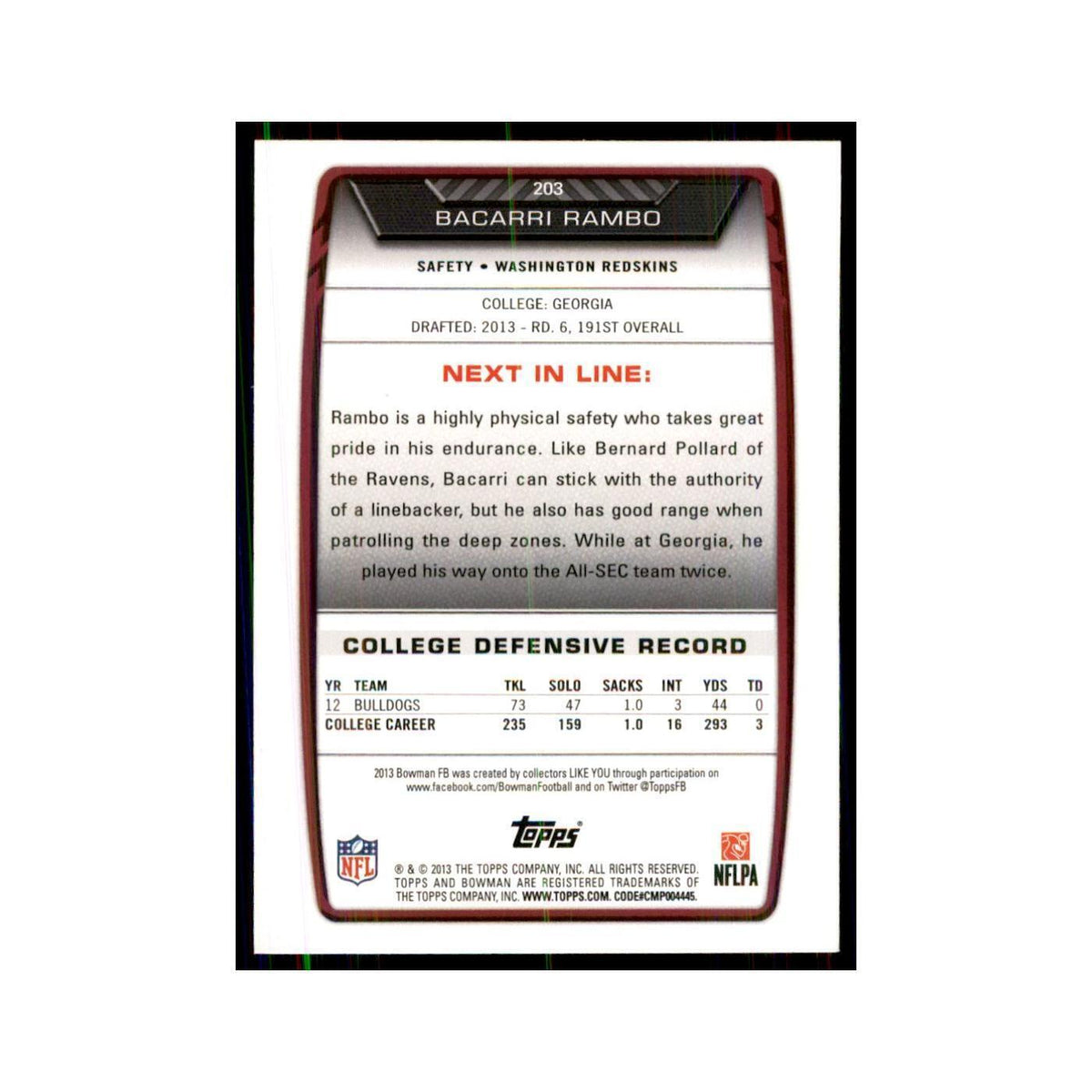 2013 Bowman Bacarri Rambo RC Football Cards #203
