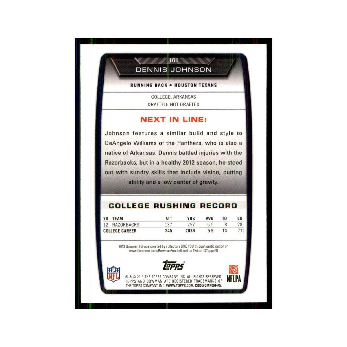 2013 Bowman Dennis Johnson RC Football Cards #161