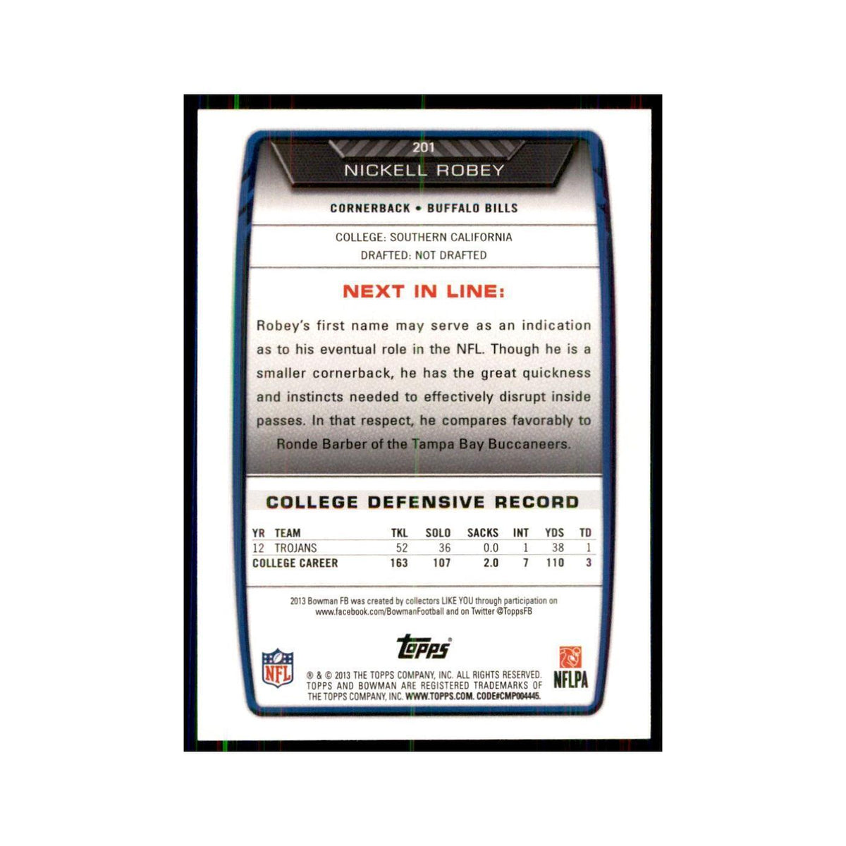 2013 Bowman Nickell Robey RC Football Cards #201