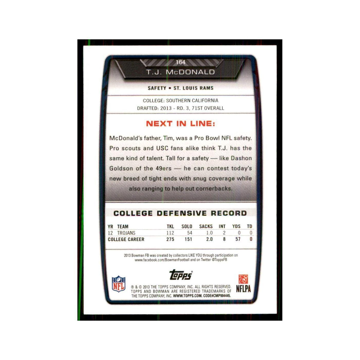 2013 Bowman T.J. McDonald RC Football Cards #164