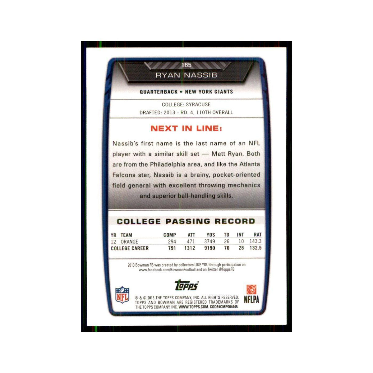 2013 Bowman Ryan Nassib RC Football Cards #165
