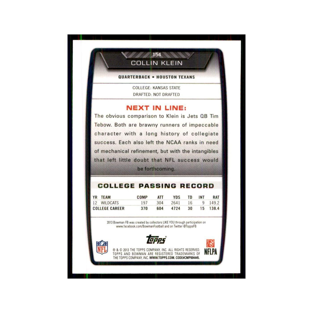 2013 Bowman Collin Klein RC Football Cards #154