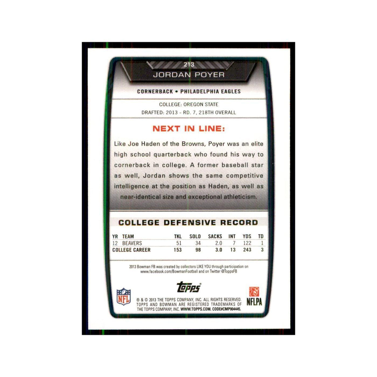 2013 Bowman Jordan Poyer RC Football Cards #213