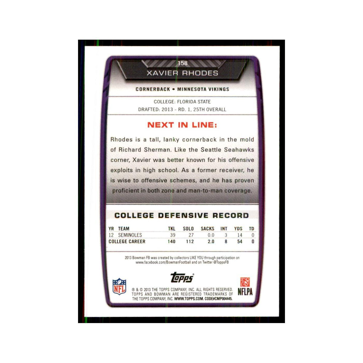 2013 Bowman Xavier Rhodes RC Football Cards #158