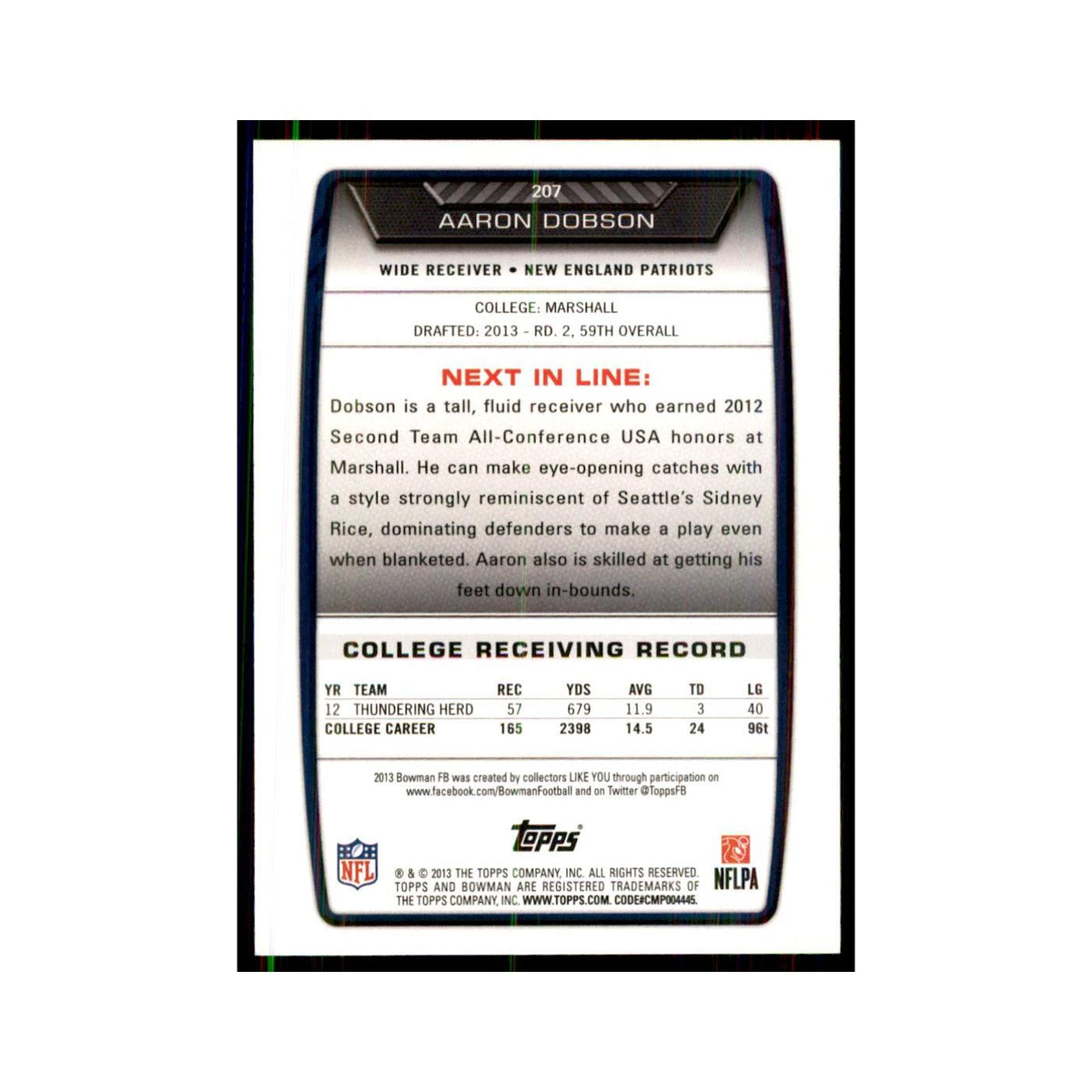 2013 Bowman Aaron Dobson RC Football Cards #207