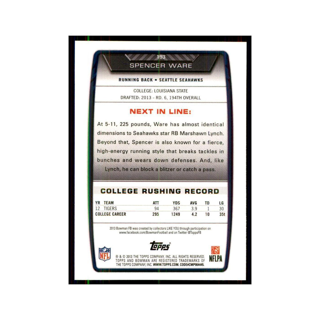 2013 Bowman Spencer Ware RC Football Cards #193