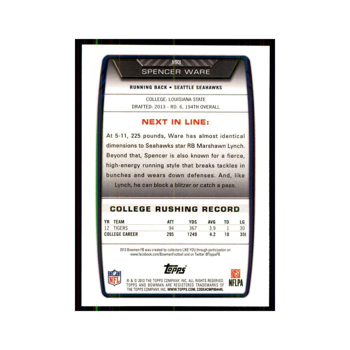 2013 Bowman Spencer Ware RC Football Cards #193