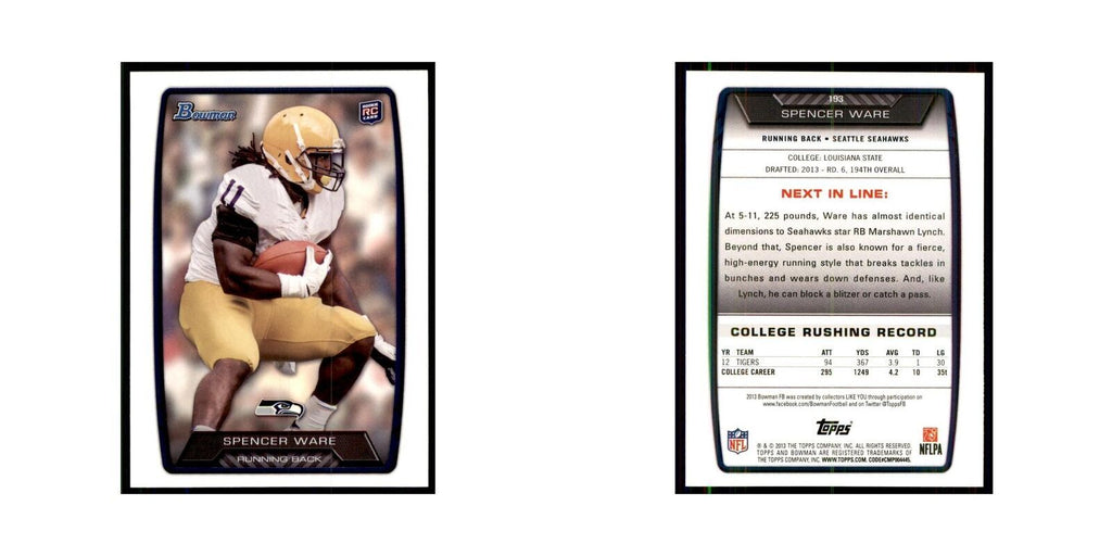 2013 Bowman Spencer Ware RC Football Cards #193