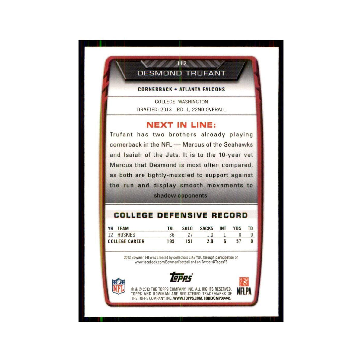 2013 Bowman Desmond Trufant RC Football Cards #112