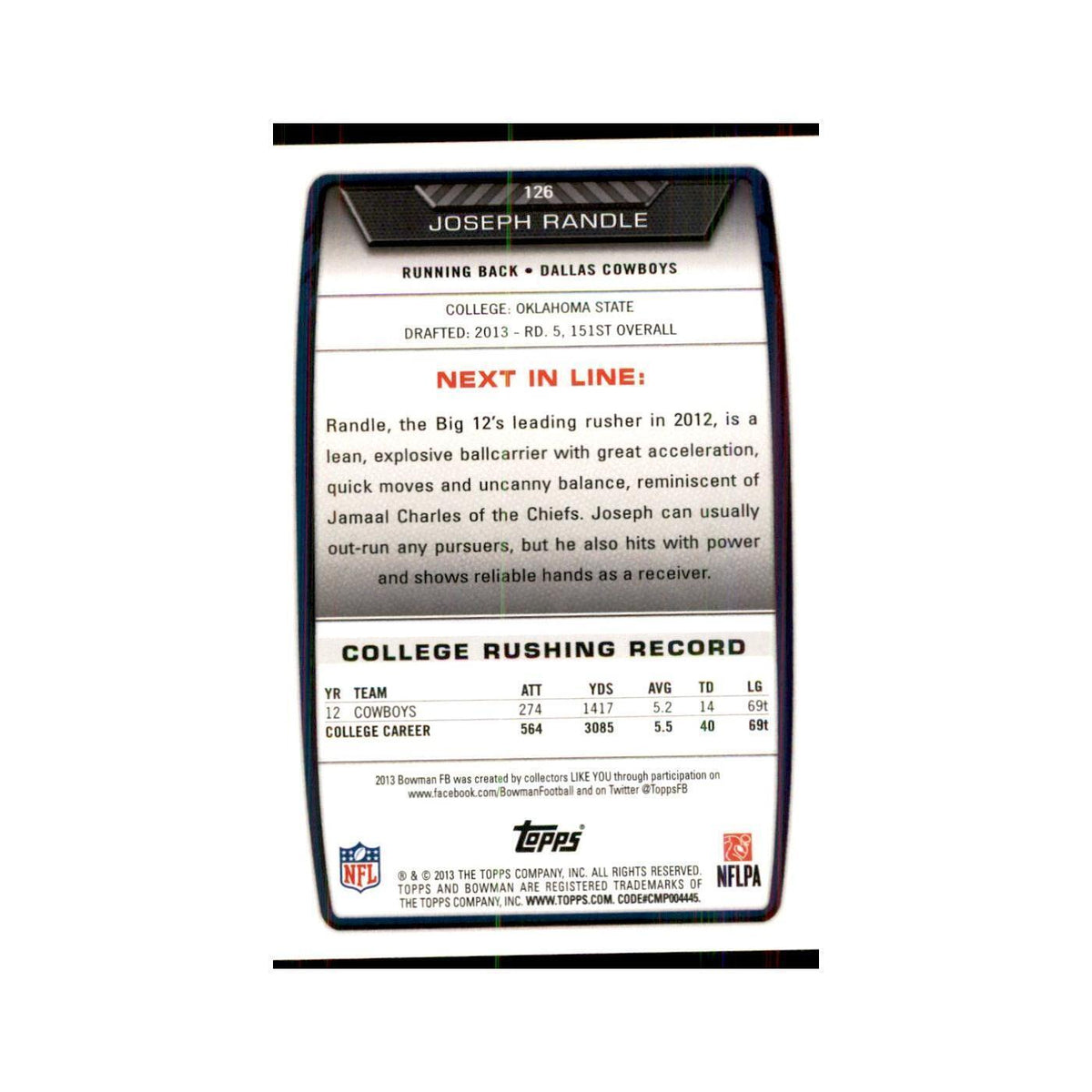 2013 Bowman Joseph Randle RC Football Cards #126