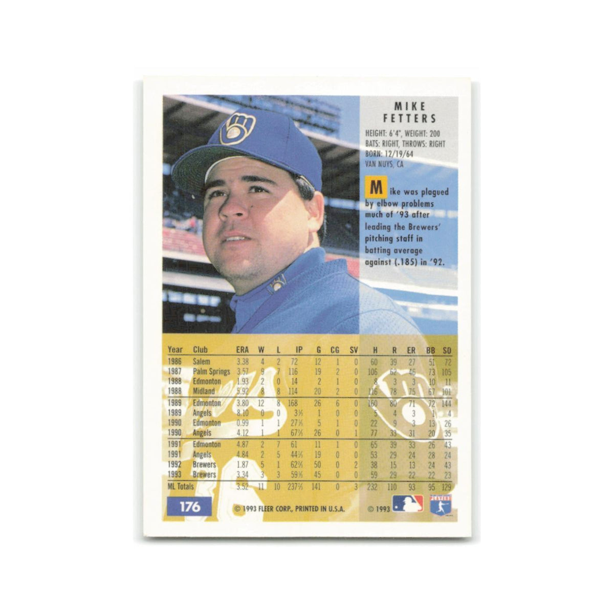 Mike Fetters 1994 Fleer #176 Milwaukee Brewers Baseball Card NM