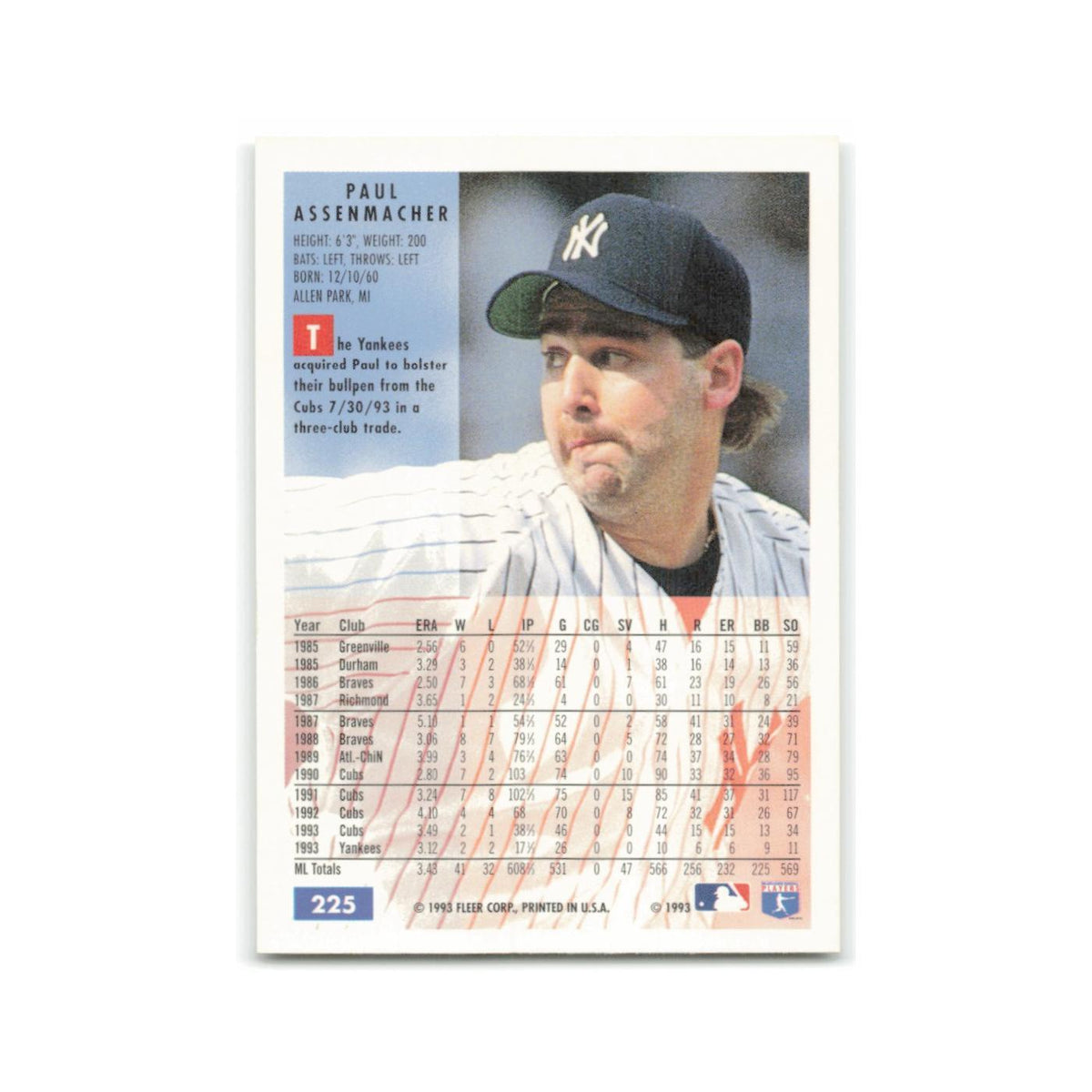 Paul Assenmacher 1994 Fleer #225 New York Yankees Baseball Card NM