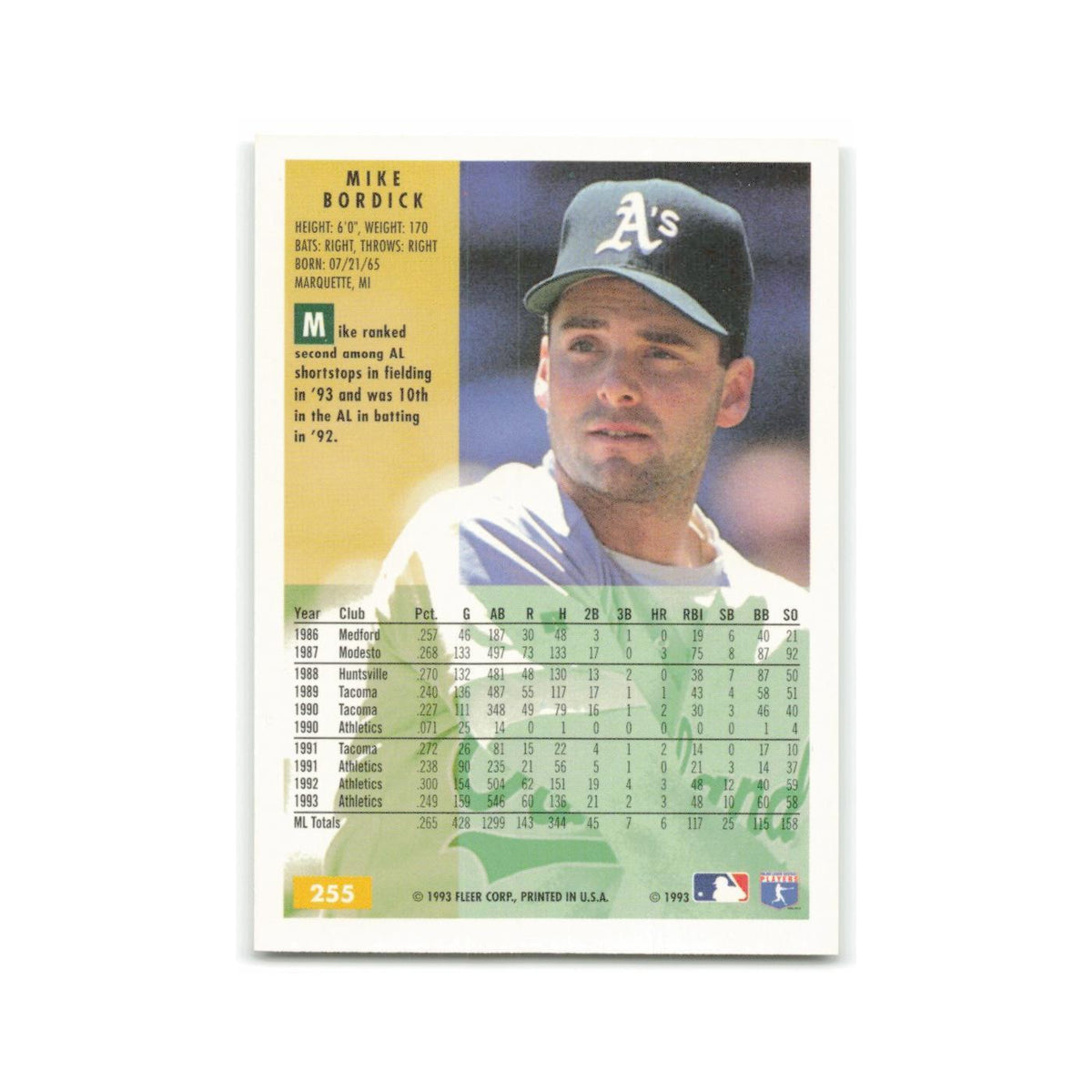 Mike Bordick 1994 Fleer #255 Oakland Athletics Baseball Card NM