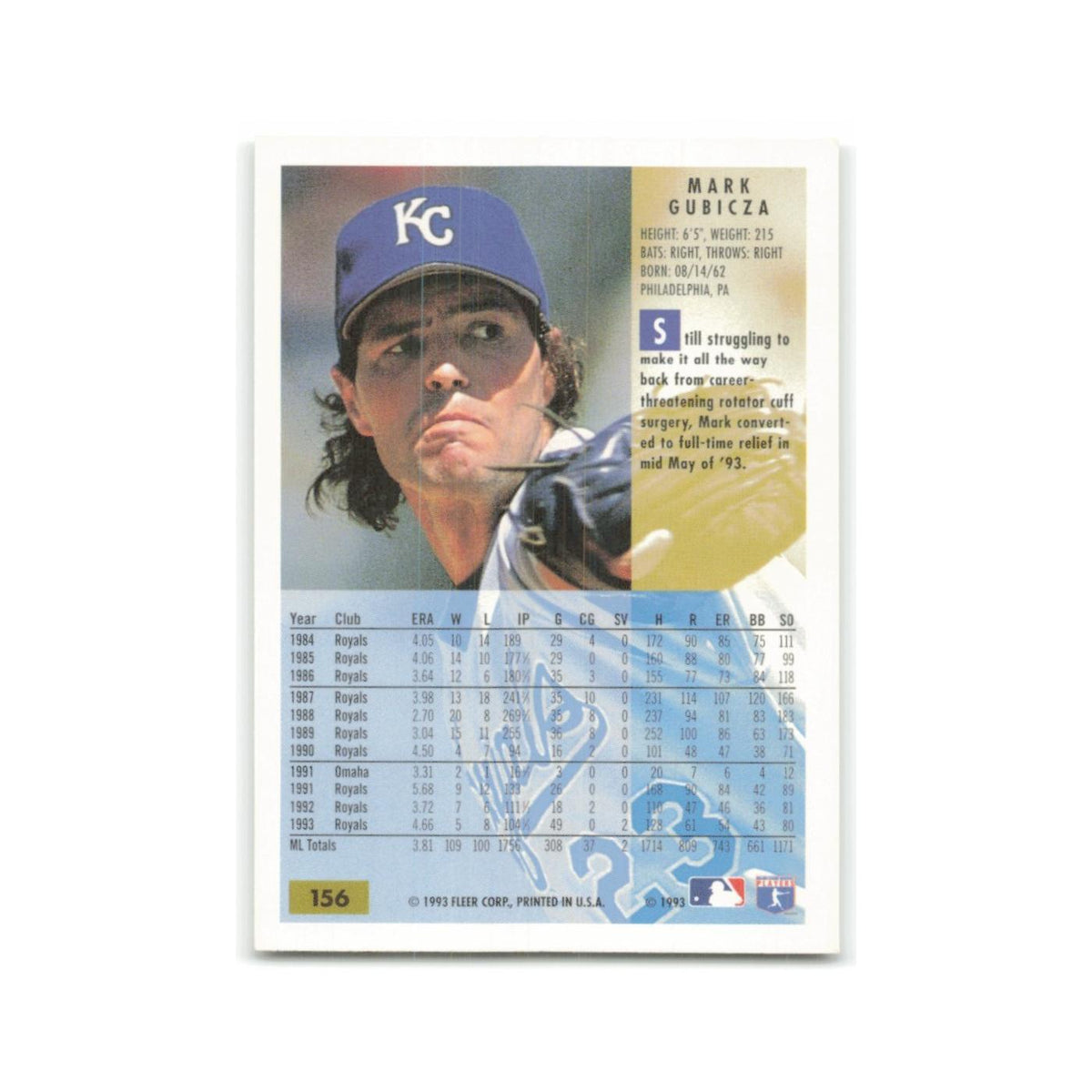 Mark Gubicza 1994 Fleer #156 Kansas City Royals Baseball Card NM