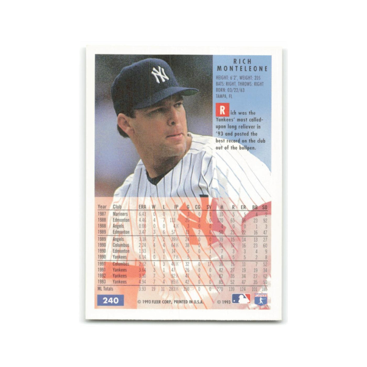 Rich Monteleone 1994 Fleer #240 New York Yankees Baseball Card NM