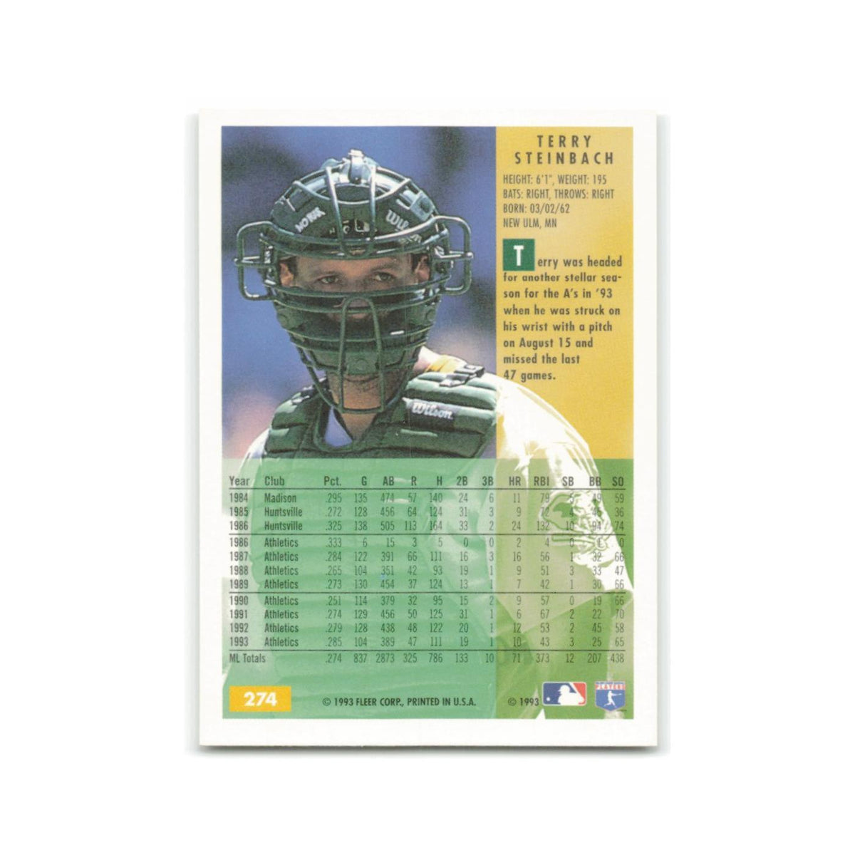 Terry Steinbach 1994 Fleer #274 Oakland Athletics Baseball Card NM