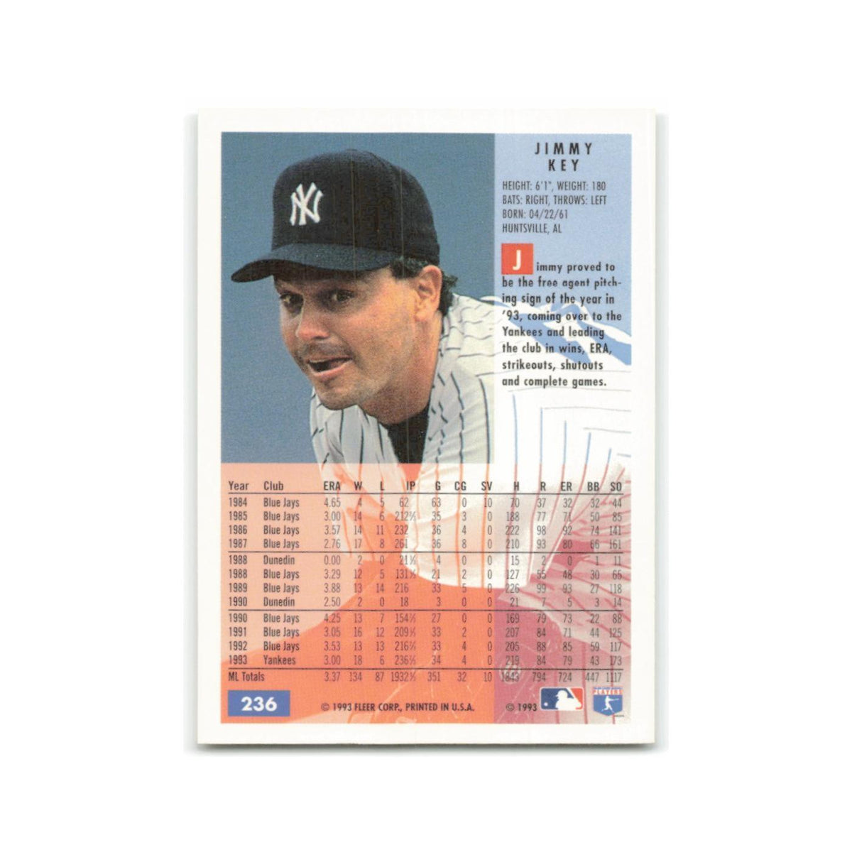 Jimmy Key 1994 Fleer #236 New York Yankees Baseball Card NM