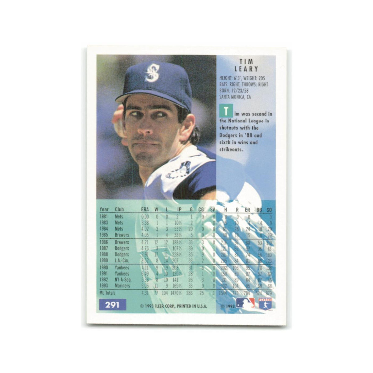Tim Leary 1994 Fleer #291 Seattle Mariners Baseball Card NM