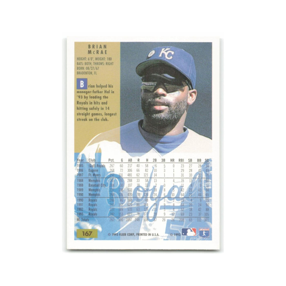 Brian McRae 1994 Fleer #167 Kansas City Royals Baseball Card NM