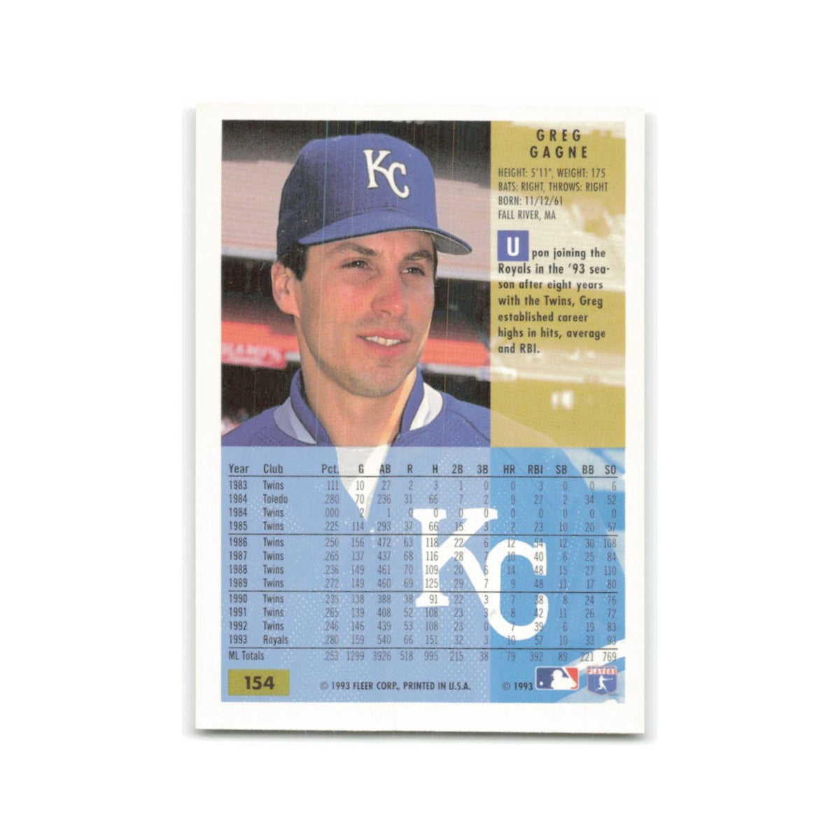 Greg Gagne 1994 Fleer #154 Kansas City Royals Baseball Card NM