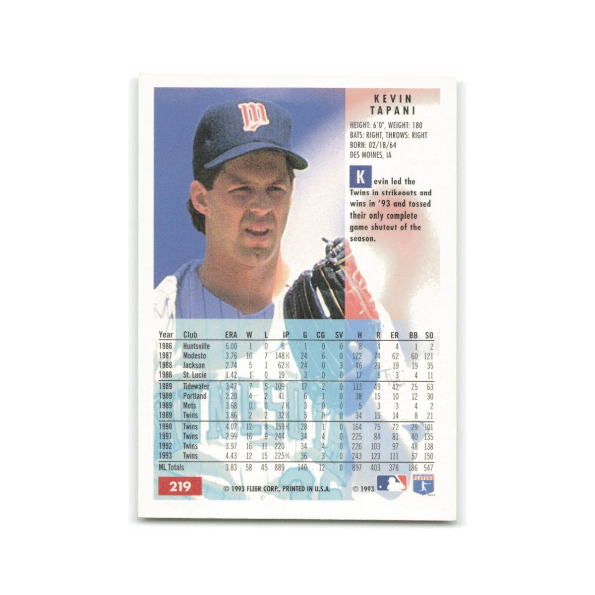 Kevin Tapani 1994 Fleer #219 Minnesota Twins Baseball Card NM