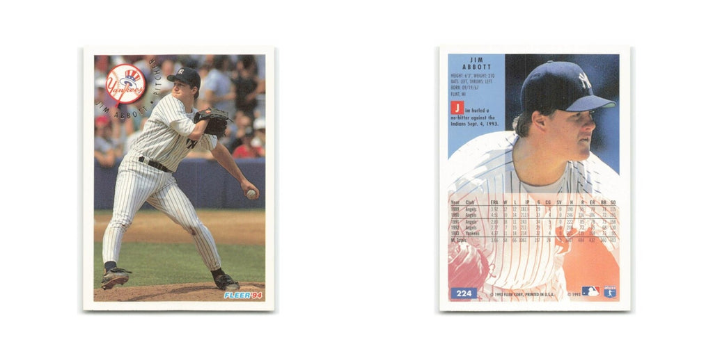 Jim Abbott 1994 Fleer #224 New York Yankees Baseball Card NM
