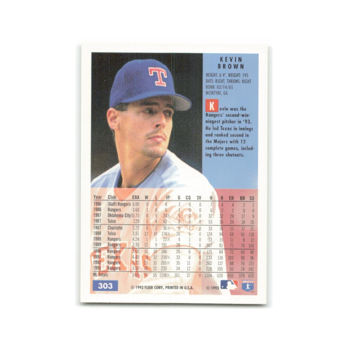 Kevin Brown 1994 Fleer #303 Texas Rangers Baseball Card NM