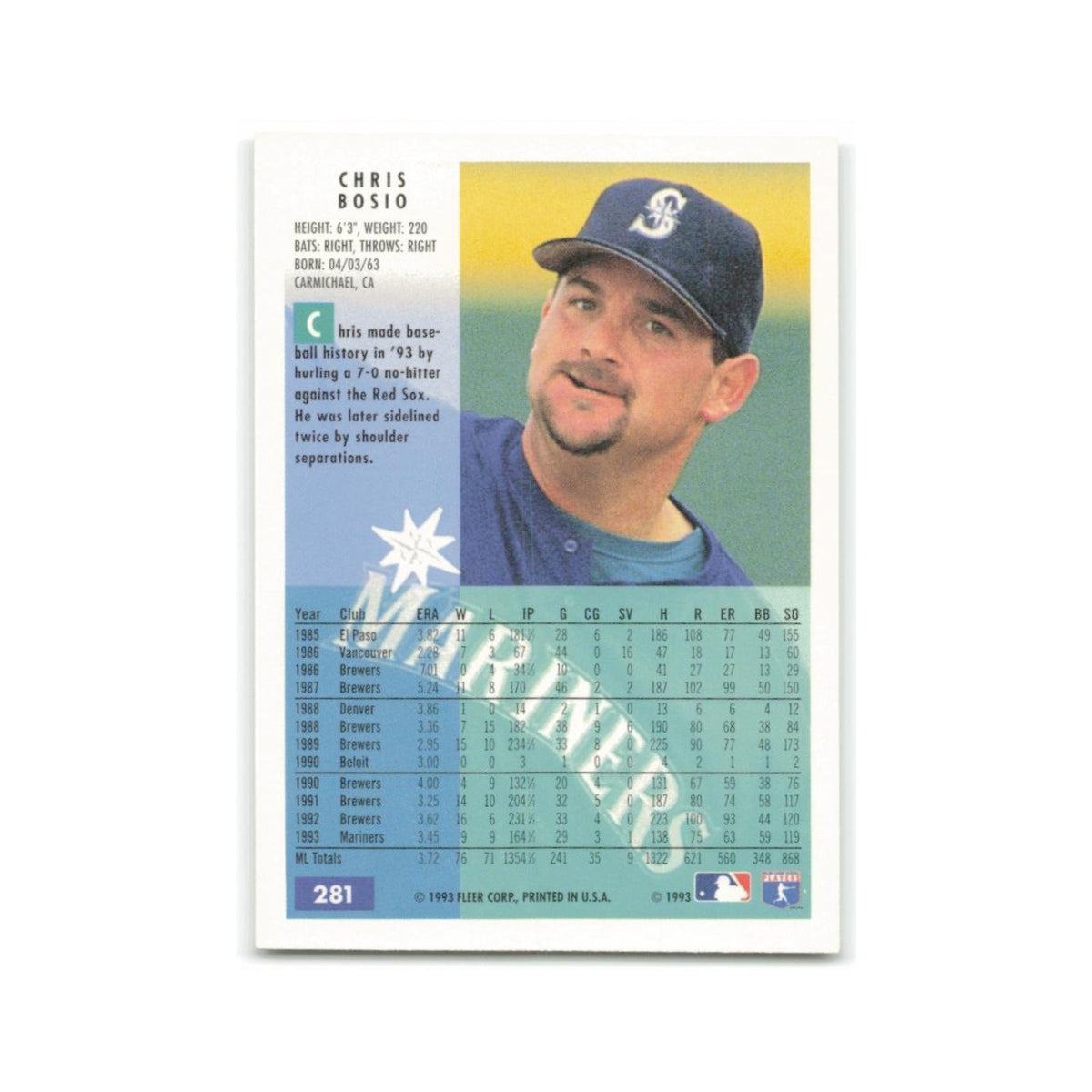 Chris Bosio 1994 Fleer #281 Seattle Mariners Baseball Card NM
