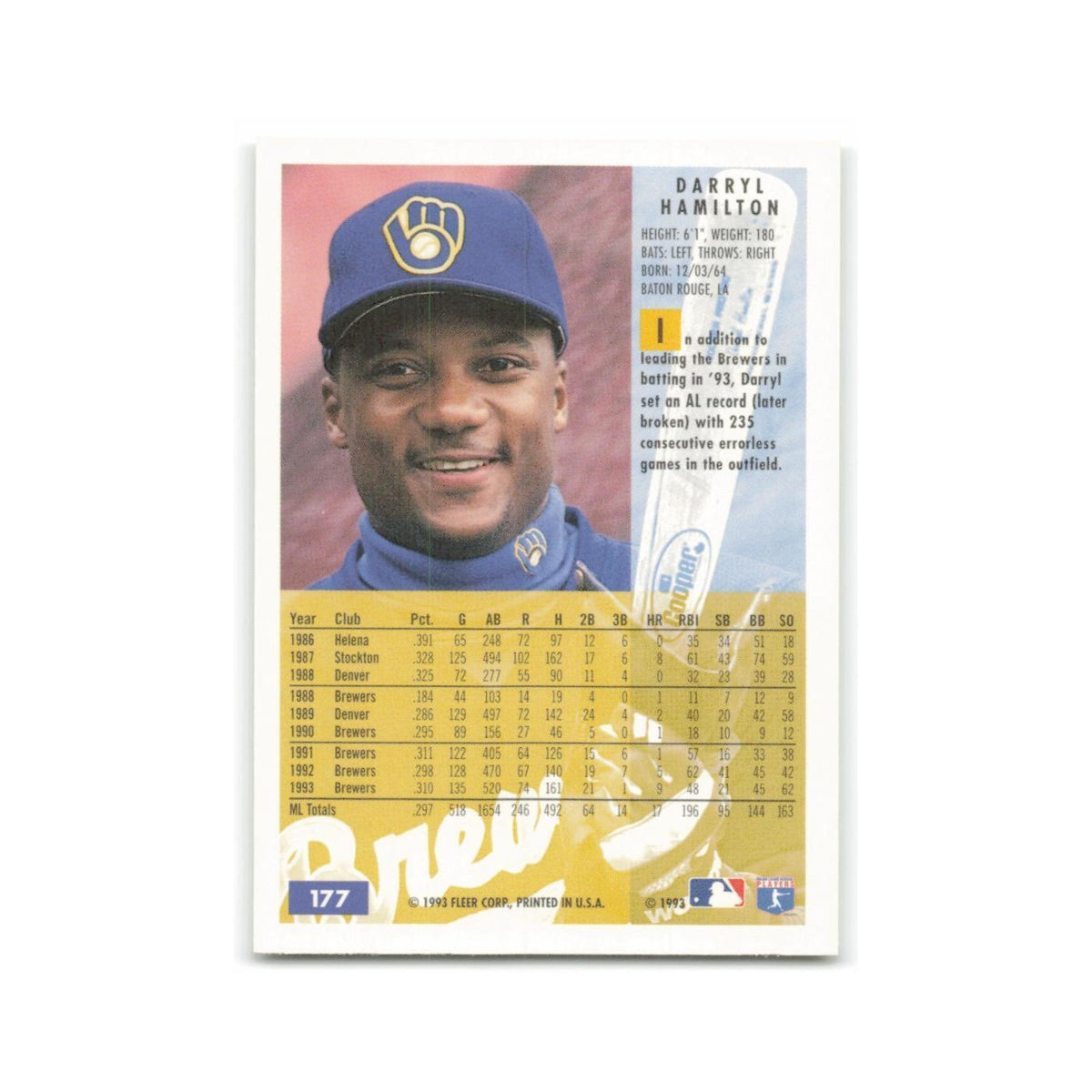 Darryl Hamilton 1994 Fleer #177 Milwaukee Brewers Baseball Card NM