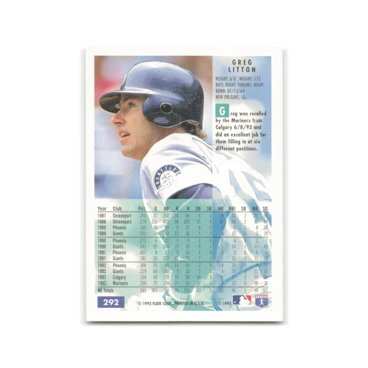 Greg Litton 1994 Fleer #292 Seattle Mariners Baseball Card NM