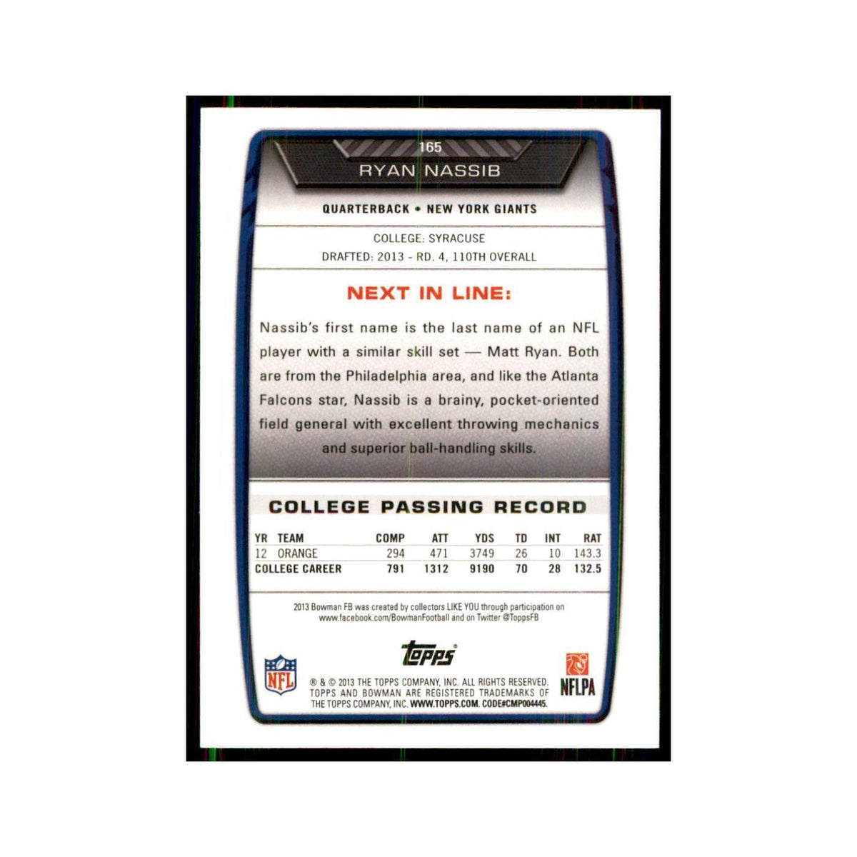 2013 Bowman Ryan Nassib RC Football Cards #165