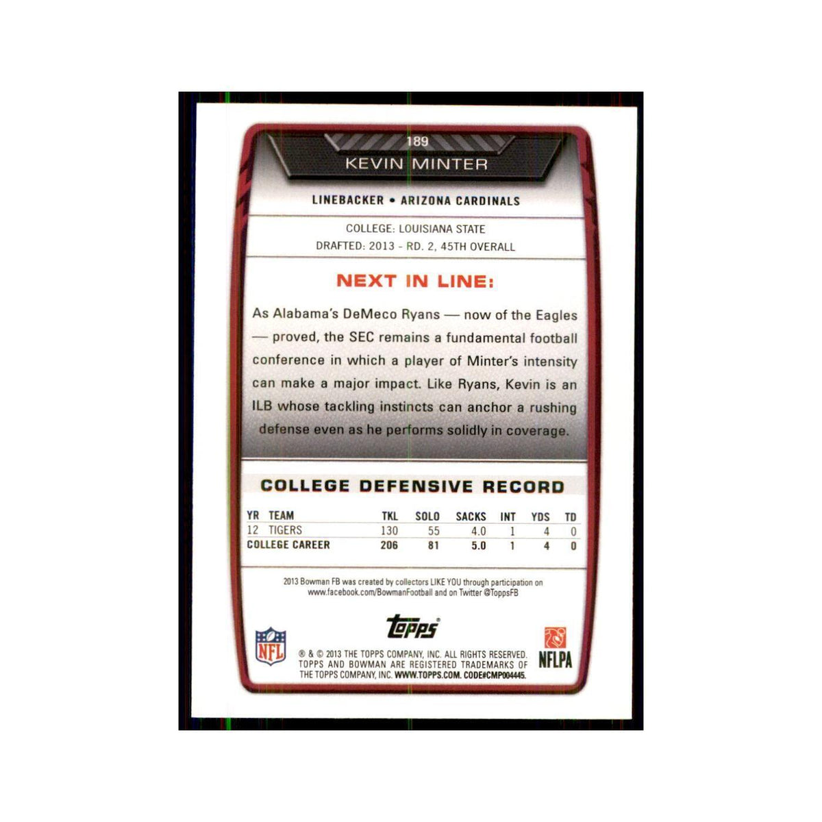 2013 Bowman Kevin Minter RC Football Cards #189