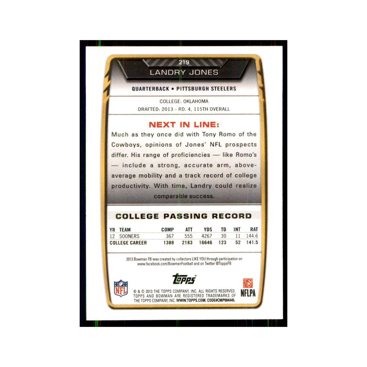 2013 Bowman Landry Jones RC Football Cards #219