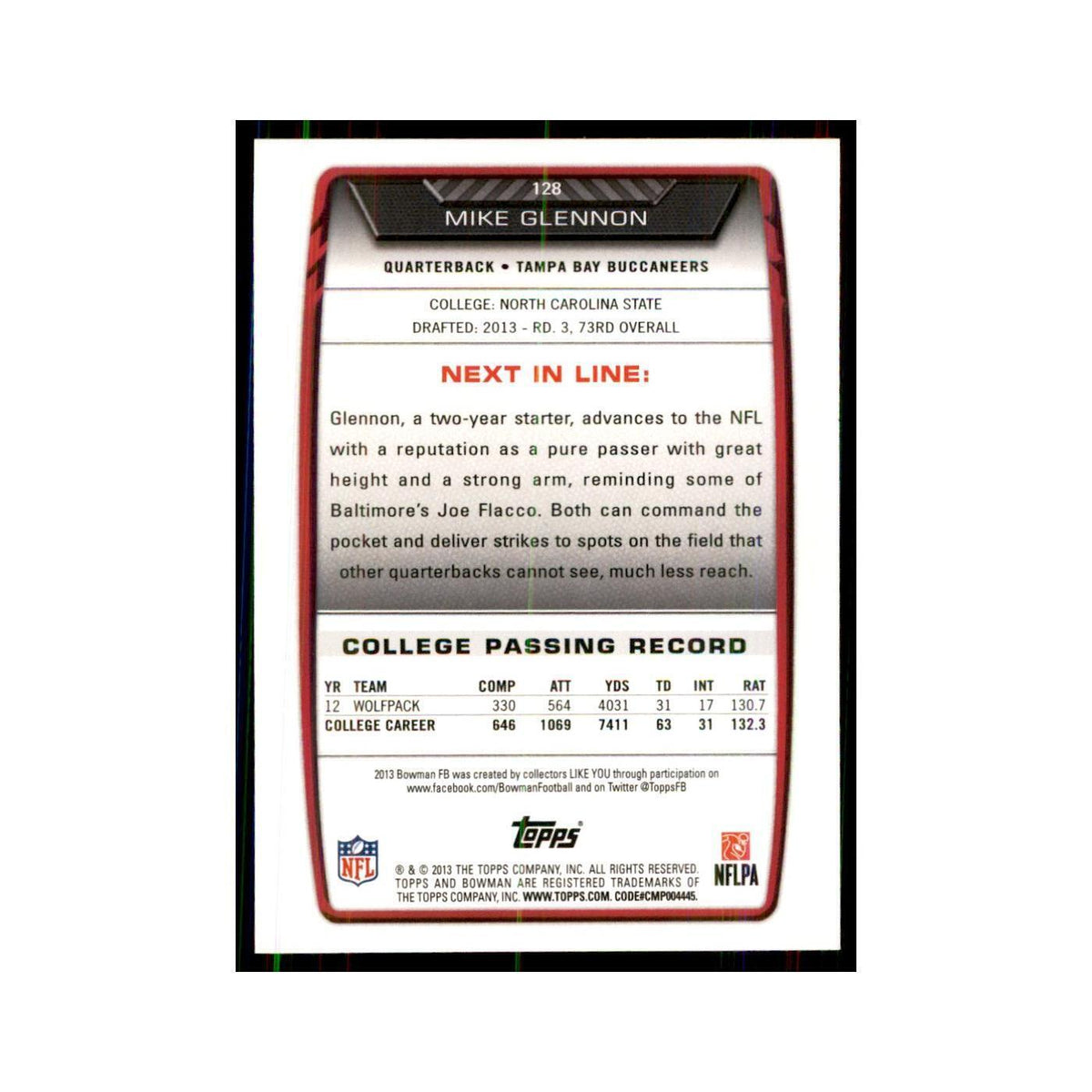 2013 Bowman Mike Glennon RC Football Cards #128
