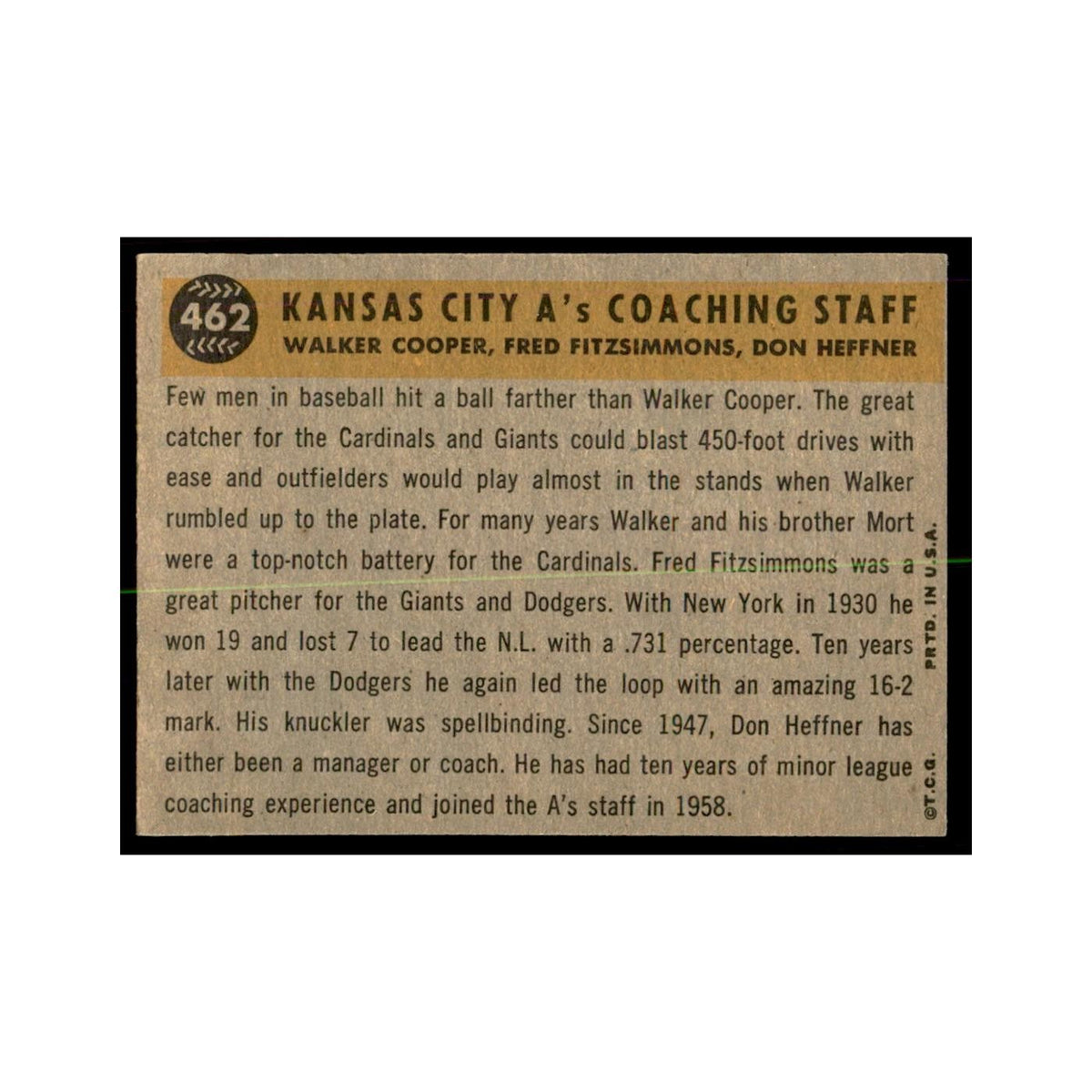 1960 Topps Fitzsimmons/Heffner/Cooper Baseball Cards #462