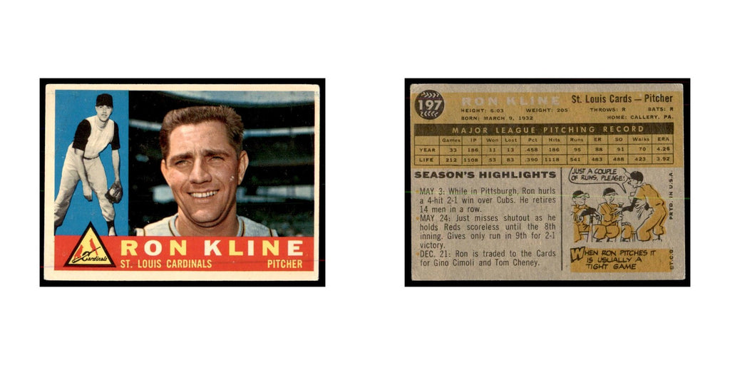 1960 Topps Ron Kline Baseball Cards #197