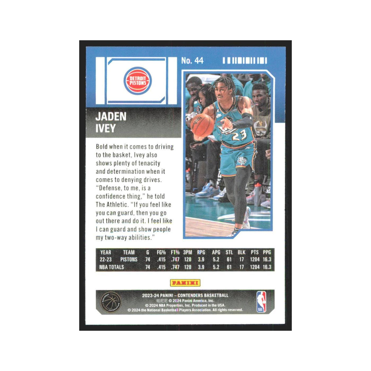2023 Panini Contenders Jaden Ivey Pistons #44