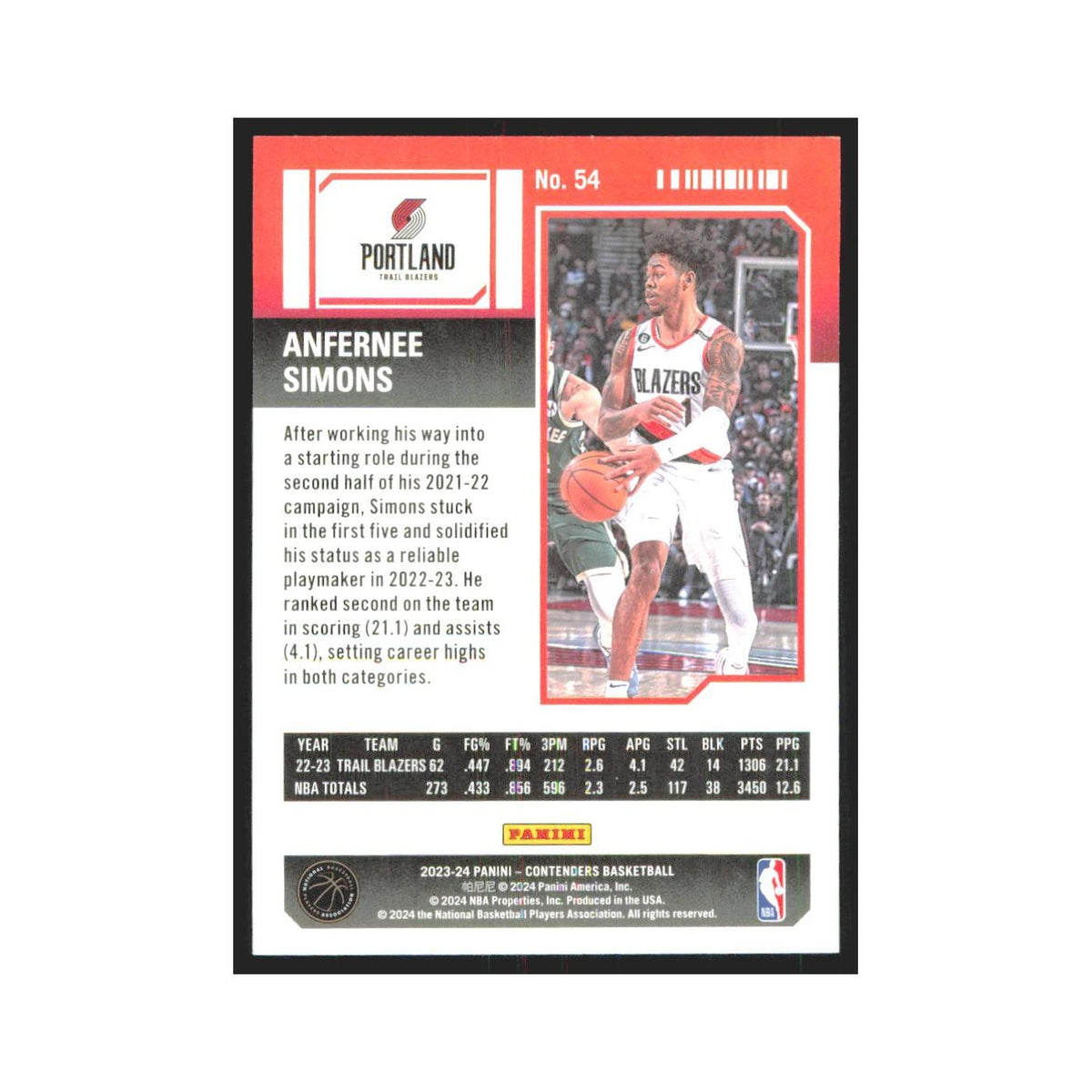 2023 Panini Contenders Anfernee Simons Blazers #54