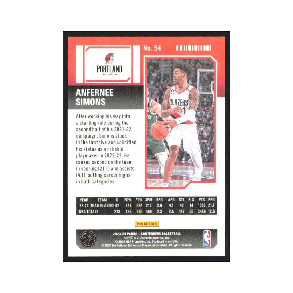 2023 Panini Contenders Anfernee Simons Blazers #54