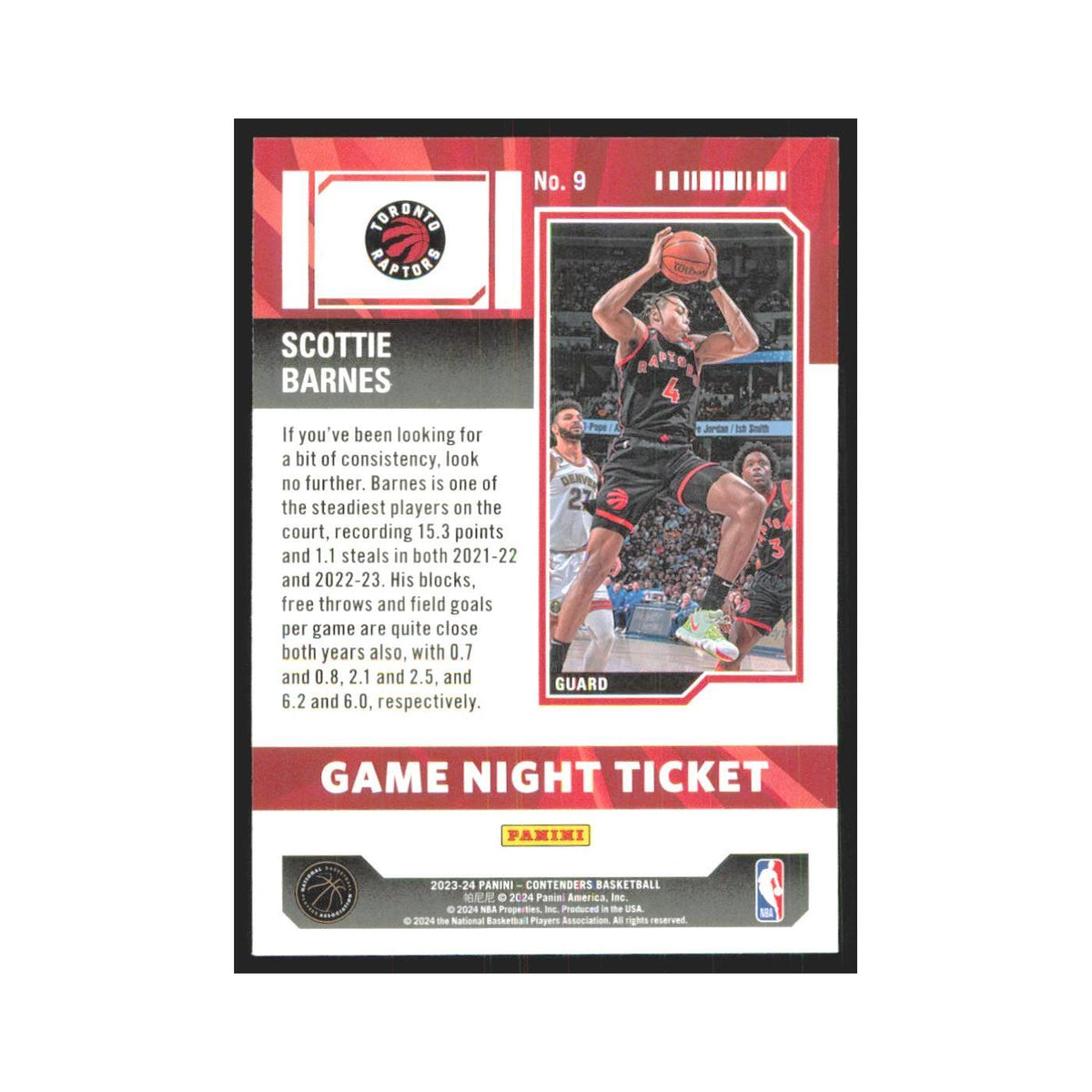 2023 Panini Contenders Scottie Barnes Raptors #9