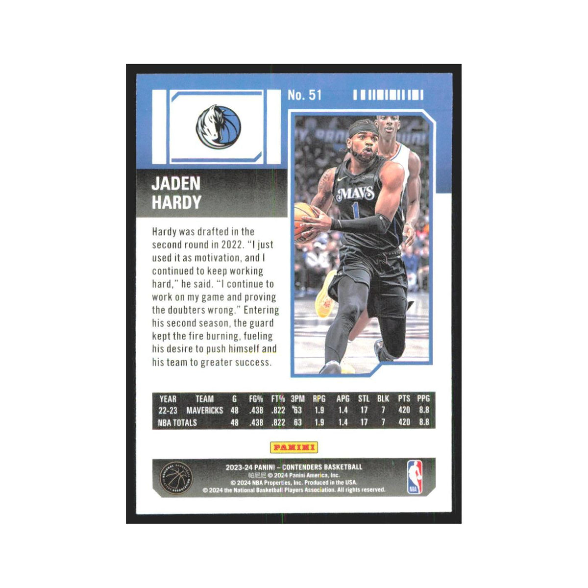 2023 Panini Contenders Jaden Hardy Mavericks #51