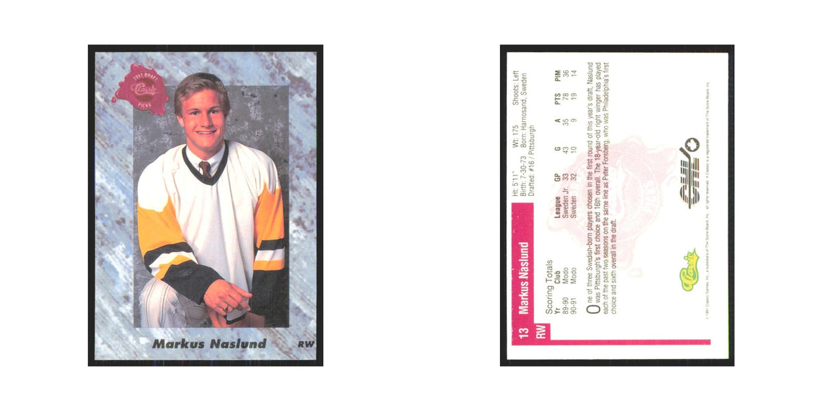 Markus Naslund 1991 Classic #13 Pittsburgh Penguins Hockey Card NM