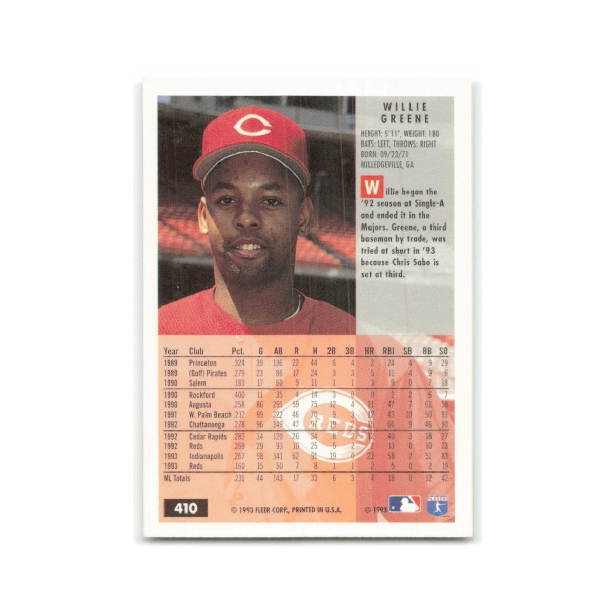 Willie Greene 1994 Fleer #410 Cincinnati Reds Baseball Card NM