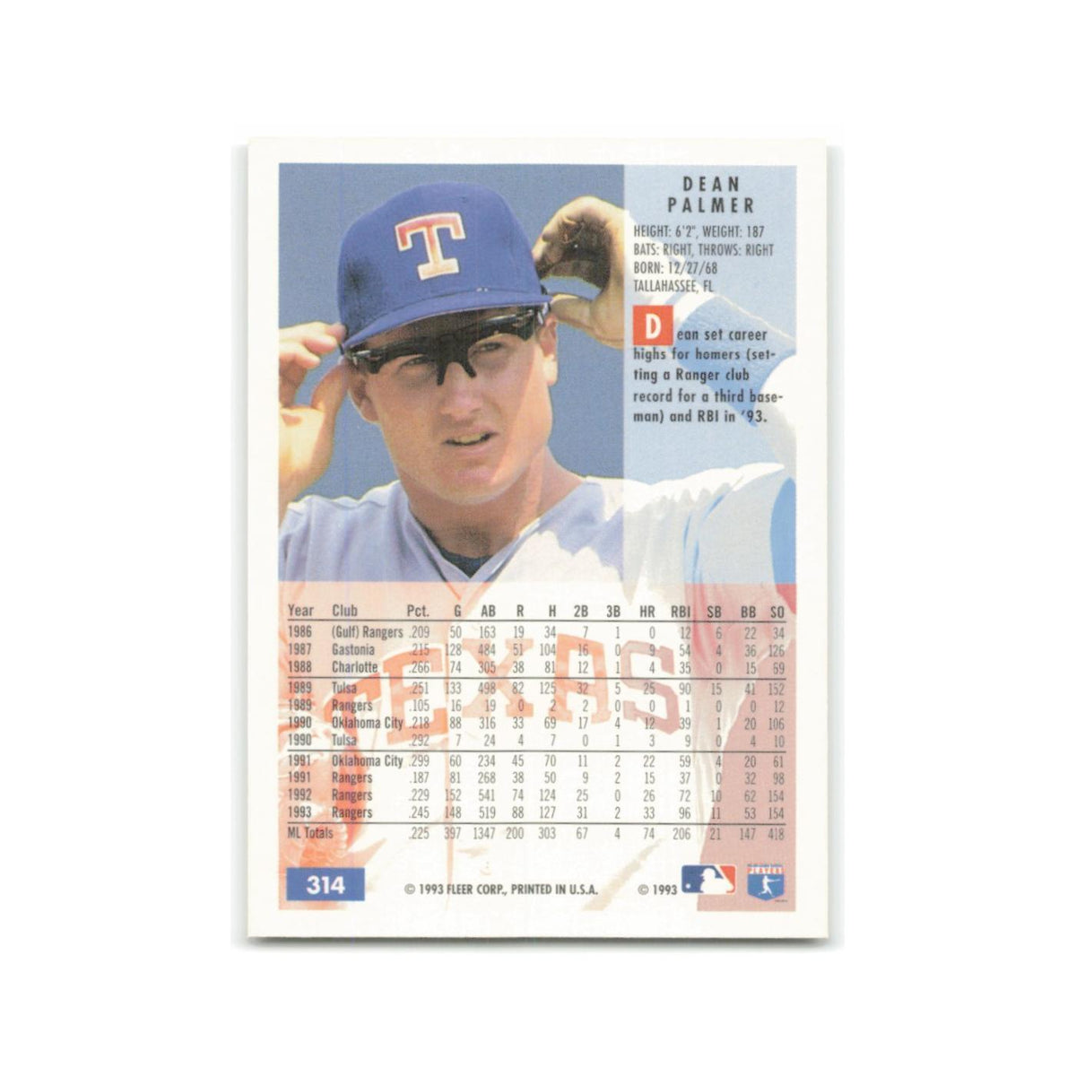 Dean Palmer 1994 Fleer #314 Texas Rangers Baseball Card NM
