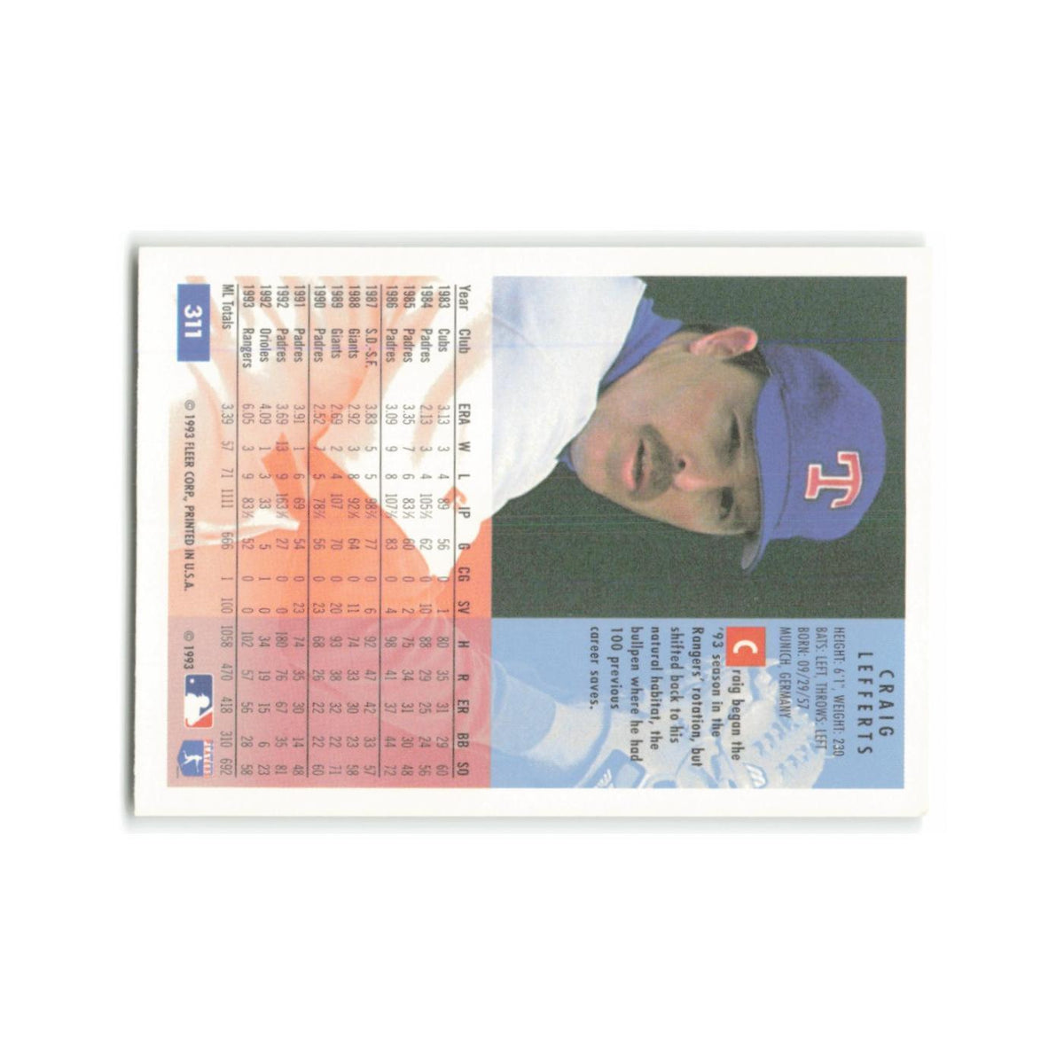 Craig Lefferts 1994 Fleer #311 Texas Rangers Baseball Card NM