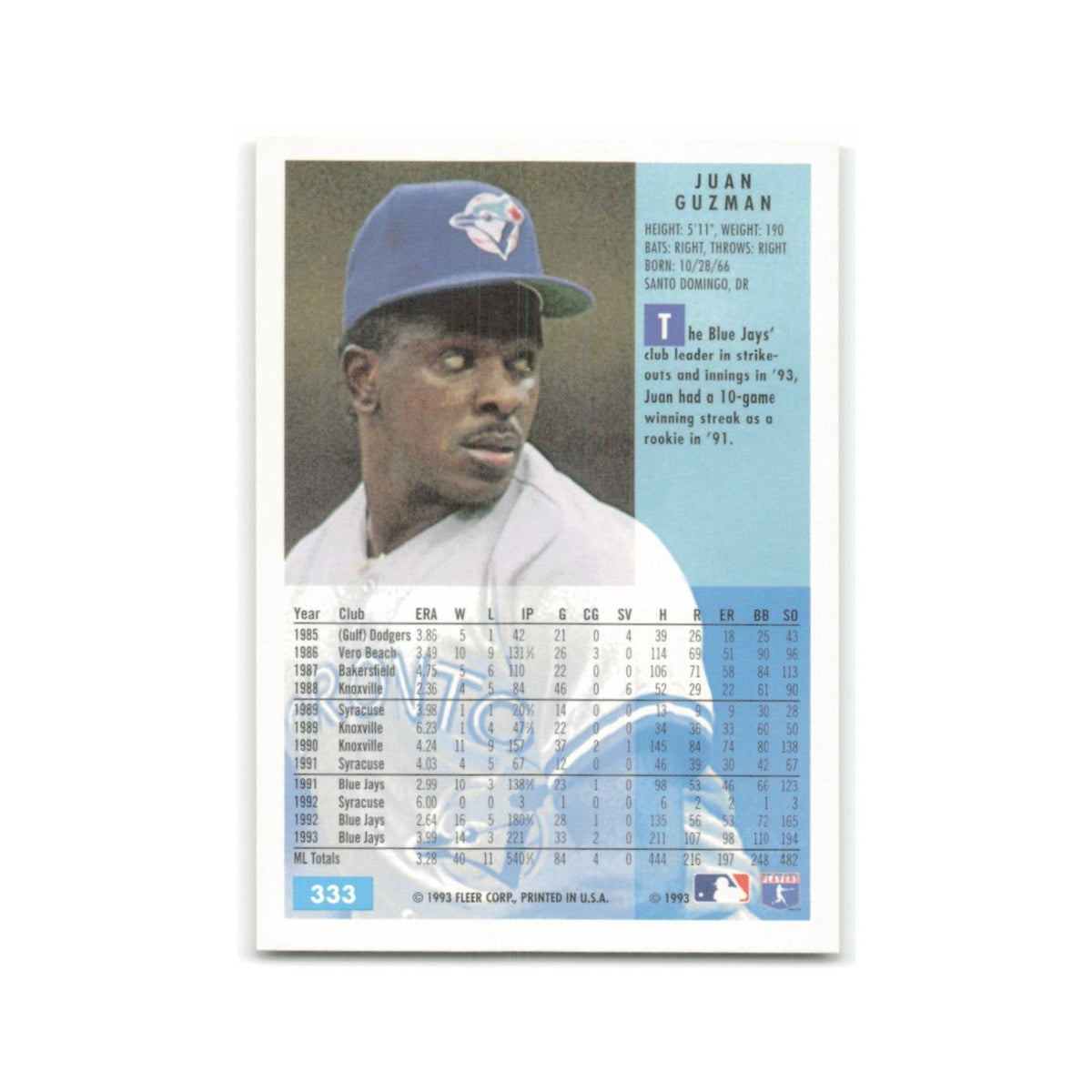 Juan Guzman 1994 Fleer #333 Toronto Blue Jays Baseball Card NM