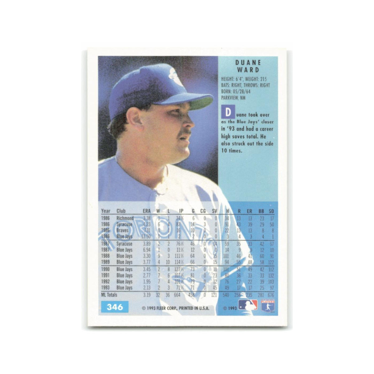 Duane Ward 1994 Fleer #346 Toronto Blue Jays Baseball Card NM