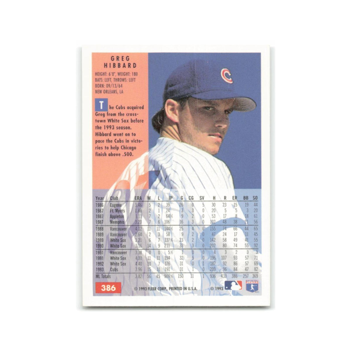 Greg Hibbard 1994 Fleer #386 Chicago Cubs Baseball Card NM