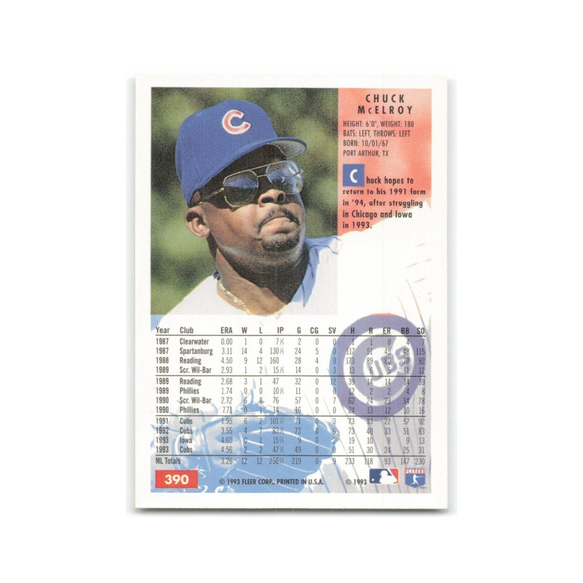 Chuck McElroy 1994 Fleer #390 Chicago Cubs Baseball Card NM